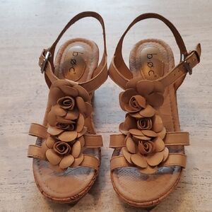 b.o.c. Tan Wedge Sandals with Floral Accents and Intricate Straps